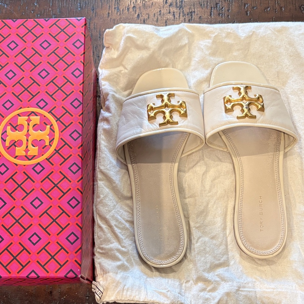 Tory Burch Ivory Slides with Gold Emblem